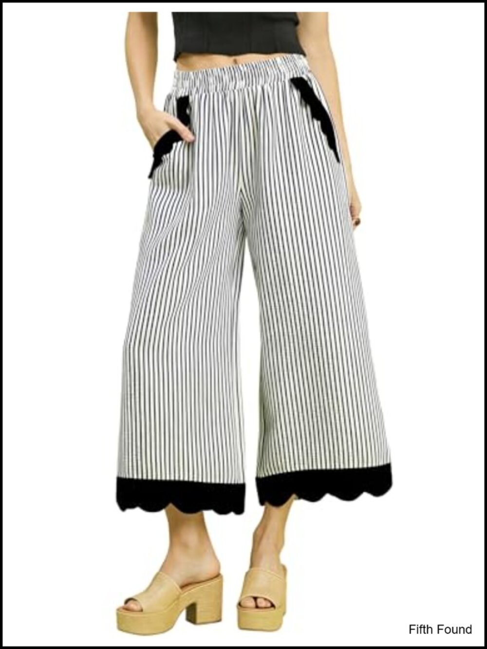 Striped Wide Leg Cropped Pants Elastic Waist Scalloped Hem with Pockets